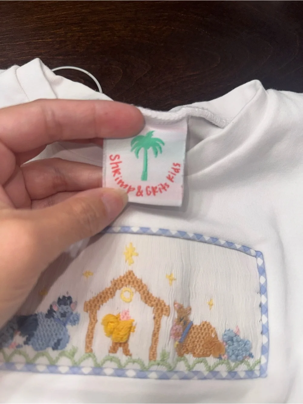 Shrimp & Grits Kids White Top and Light Blue Gingham Navity Smocked Set